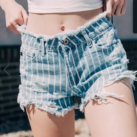 KANCAN Hi Rise Striped Jean Shorts Destroyed Fringe Raw Hem Distressed Small - Picture 1 of 10